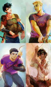 Four illustrated young men in vibrant colors; top left wears armor and holds a sword, top right and bottom left wear purple shirts with SPQR and laurel symbols, and bottom right wears a white shirt, adjusting a sail rope.