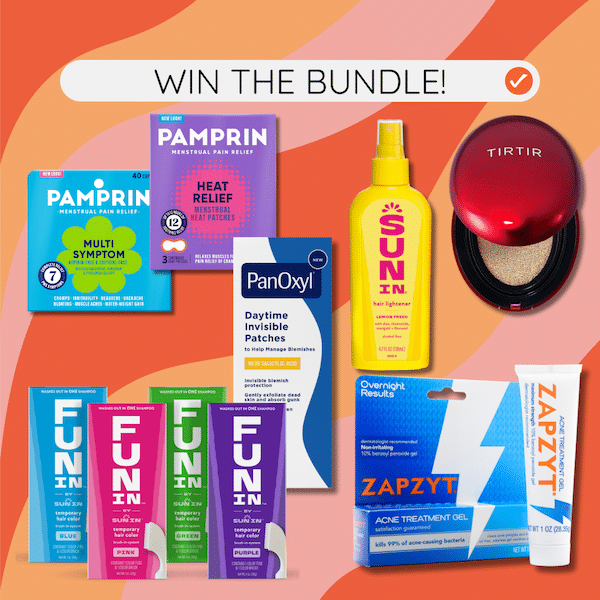 A Beauty Bundle giveaway featuring Pamprin pain relief, PanOxyl acne patches, Sun In hair lightener, Tirtir cushion compact, Fun In facial masks, and Zapzyt gel—perfect for Back-to-School. WIN THE BUNDLE! on a colorful background.