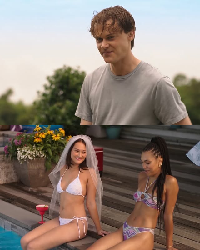 A split image shows a young man in a gray T-shirt outdoors (top) and two young women in bikinis by a pool, one wearing a bridal veil—capturing vibes perfect for a TSITP Season 3 scene or an Episode 7 recap.