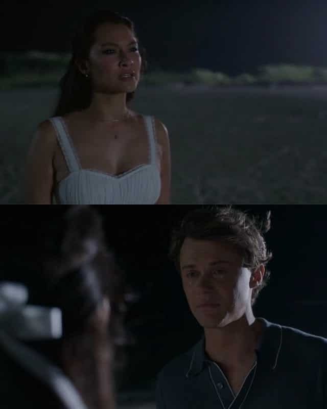 A woman in a white dress stands outside at night, looking concerned. Below, a man in a blue shirt faces her with a serious expression—both illuminated by soft lighting in this dramatic TSITP Season 3, Episode 7 scene.