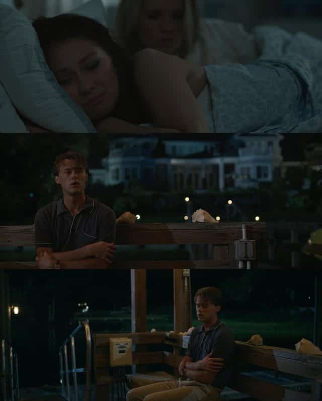 A young woman lies in bed looking upset while another woman sits behind her. In the next two images, a young man sits alone at night on a dock, appearing sad—capturing the emotional moments of TSITP Season 3, Episode 7 recap.