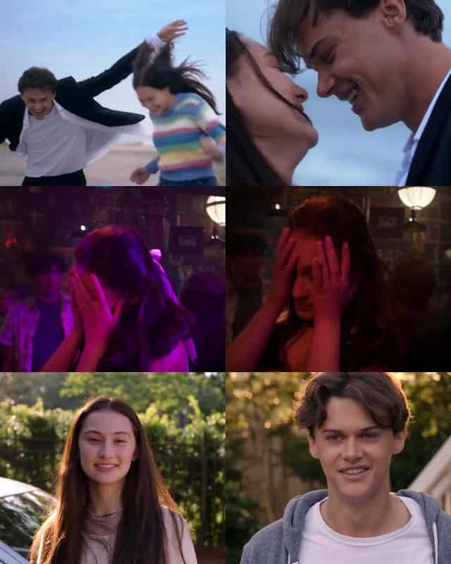 A collage of six scenes from TSITP Season 3 shows a young couple running on a beach, sharing close smiles, a girl in a nightclub covering her face, and both individuals smiling outdoors in separate frames.