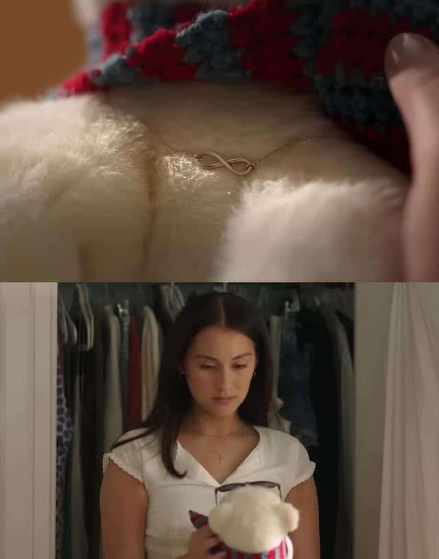 A close-up of a gold infinity necklace on a teddy bear, followed by a young woman with long brown hair standing in front of a closet, looking down at the bear in her hands—perfect for a TSITP Season 3 recap or Episode 8 highlight.