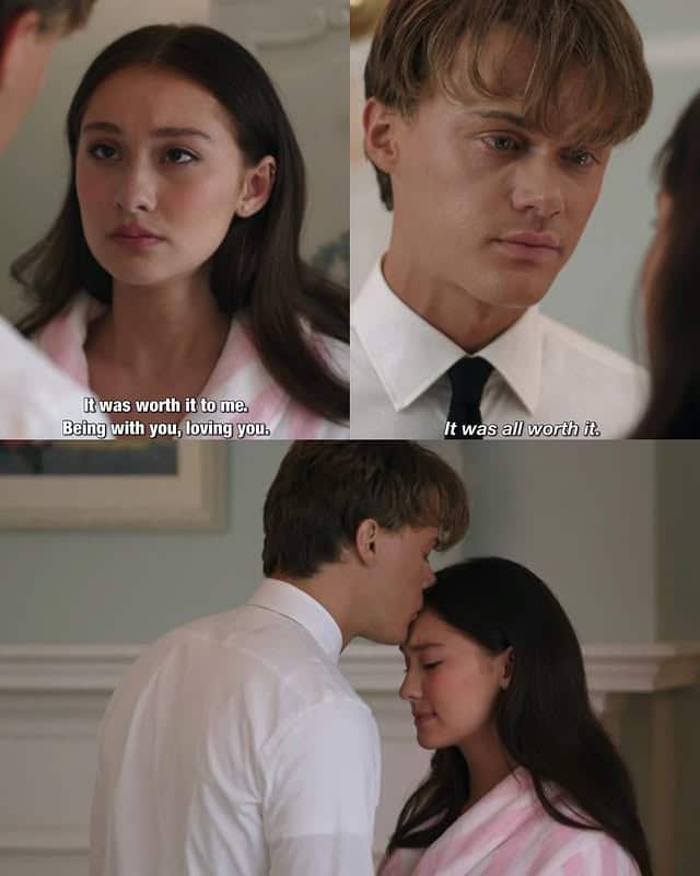 A young man and woman have an emotional conversation in TSITP Season 3. She looks at him seriously, he appears moved, and then gently kisses her forehead as she closes her eyes. Subtitles read: “It was worth it to me. Being with you, loving you.”.