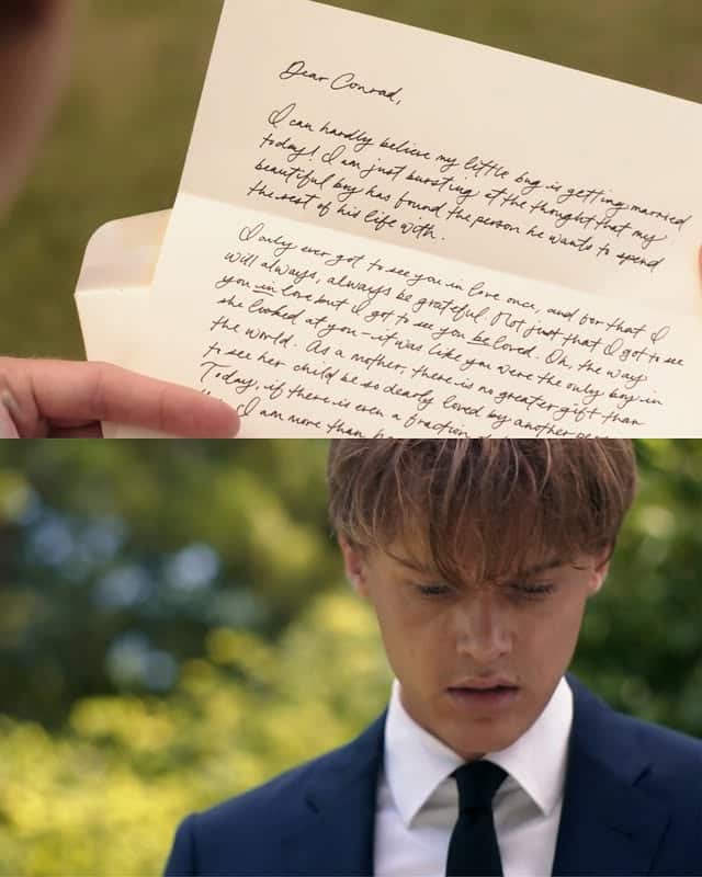 A close-up of a handwritten letter addressed to Conrad, held by one hand, is shown above a young man in a suit with blond hair reading the letter outdoors, looking down with a serious expression—setting the tone for the TSITP Season 3 Episode 8 recap.