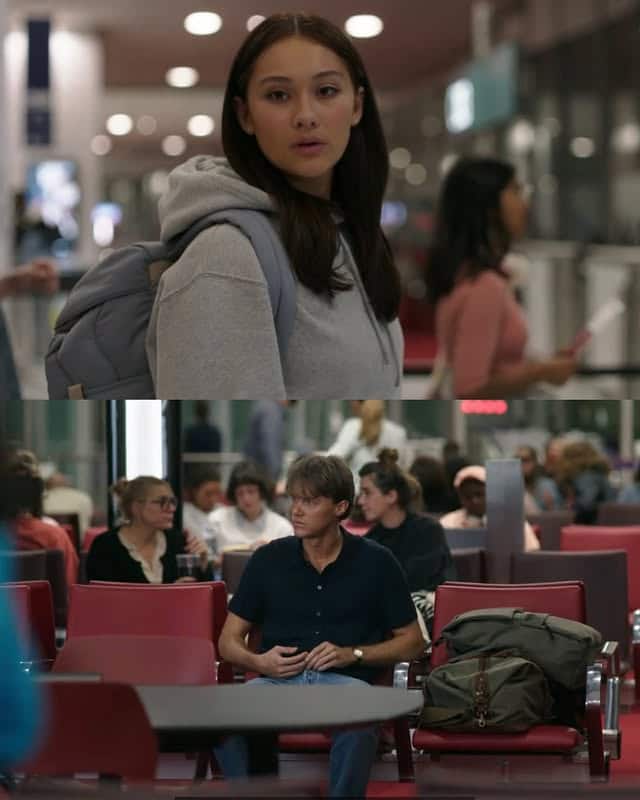 A young woman with long dark hair and a gray hoodie stands in an airport, looking back. Below, a man in a dark shirt sits in a waiting area with red chairs—a scene reminiscent of TSITP Season 3, Episode 8 recap moments.