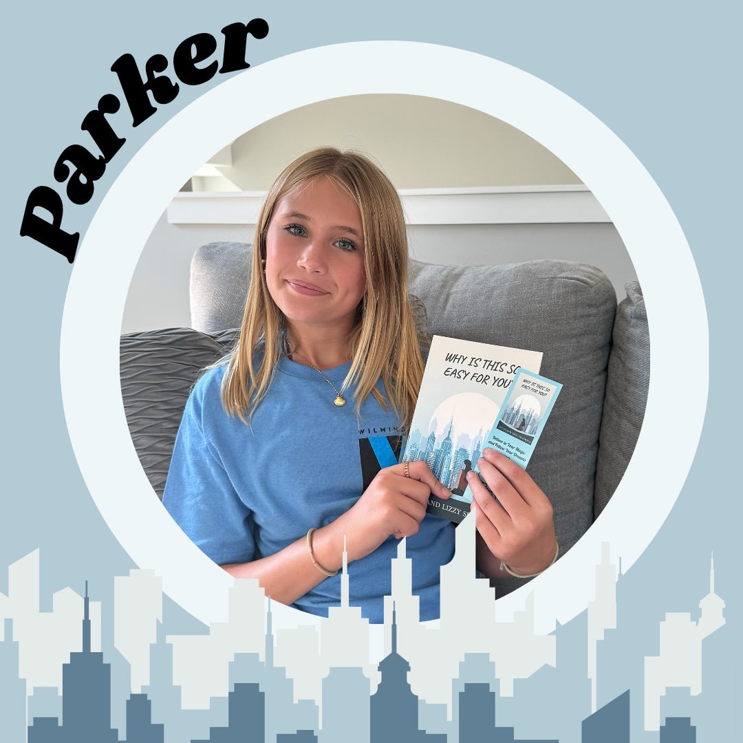 A girl with straight blonde hair, wearing a blue shirt, sits on a gray couch and smiles while holding a book titled Why Is This So Easy For You? The name Parker and a cityscape frame decorate the image, highlighting her success at juggling school and social life.