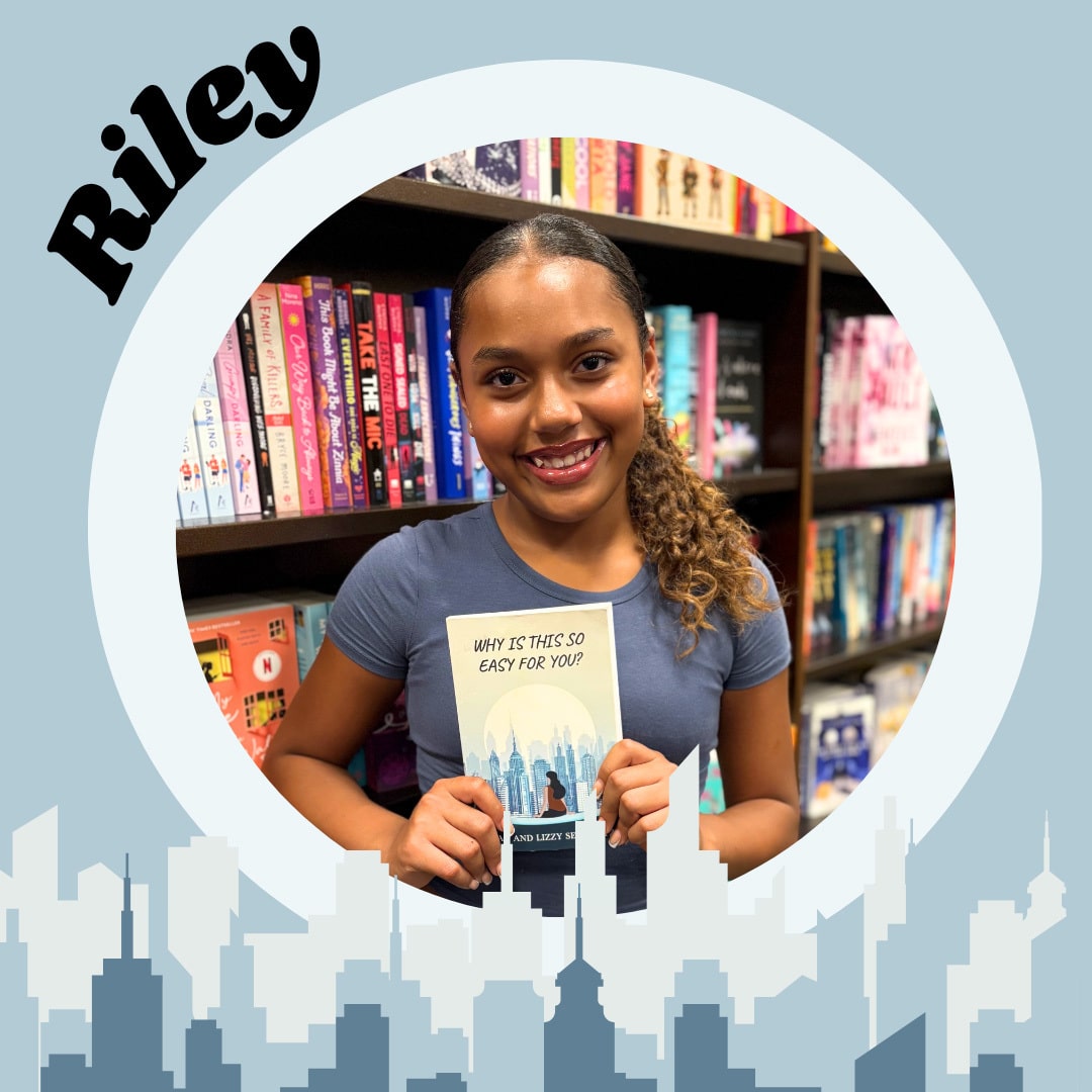 A smiling young woman with curly hair holds a book titled Why Is This So Easy For You? in a bookstore, surrounded by colorful books. The name Riley appears in bold letters above her as a cityscape graphic frames this scene of juggling school and social life.