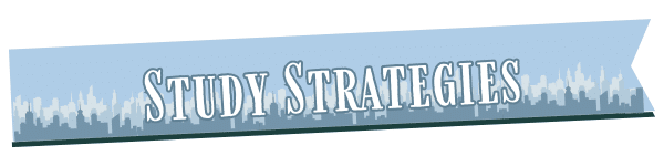 A blue banner with the words STUDY STRATEGIES in bold white letters, set against a cityscape silhouette background.