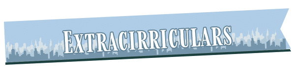 A blue banner with the word “EXTRACIRRICULARS” in bold white letters, featuring a cityscape silhouette in the background.