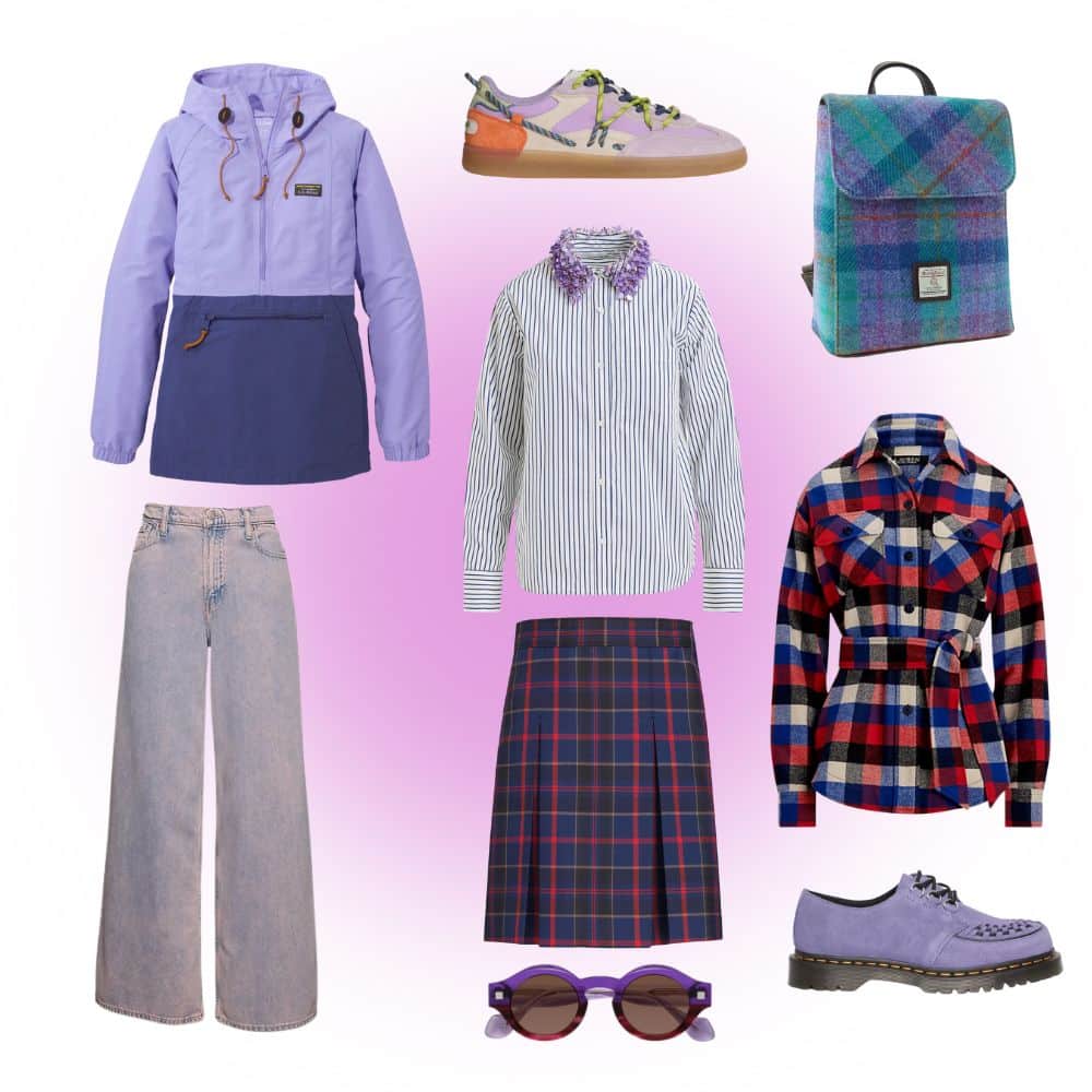 A collage of fall fashion items: a lilac windbreaker, pink-lilac sneakers, a plaid backpack, wide-leg jeans, a striped blouse, a plaid skirt, a red/navy plaid jacket, purple sunglasses, and lilac brogue shoes on a pink background.