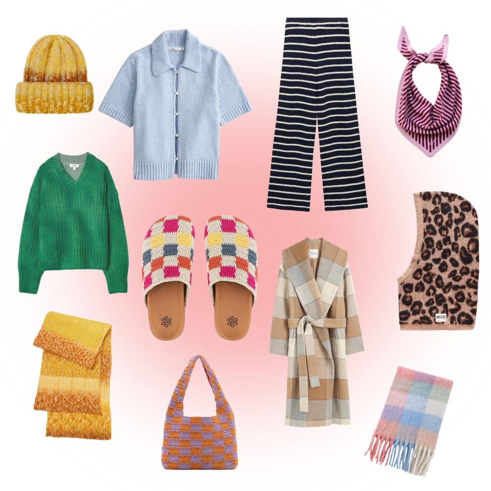 A collection of cozy fall fashion clothing and accessories, including knit hats, a green sweater, a blue short-sleeve cardigan, striped black pants, slippers, scarves, a checkered bag, a plaid robe, and a leopard-print balaclava.