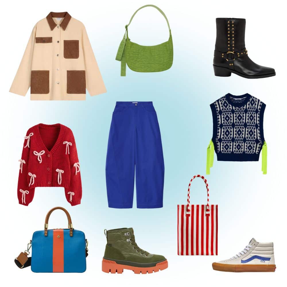 A collage of nine fall fashion items: two jackets, a red bow cardigan, blue pants, a blue knit vest, a green purse, a blue-orange handbag, green boots, black boots, tan Vans sneakers, and a red-white striped tote.