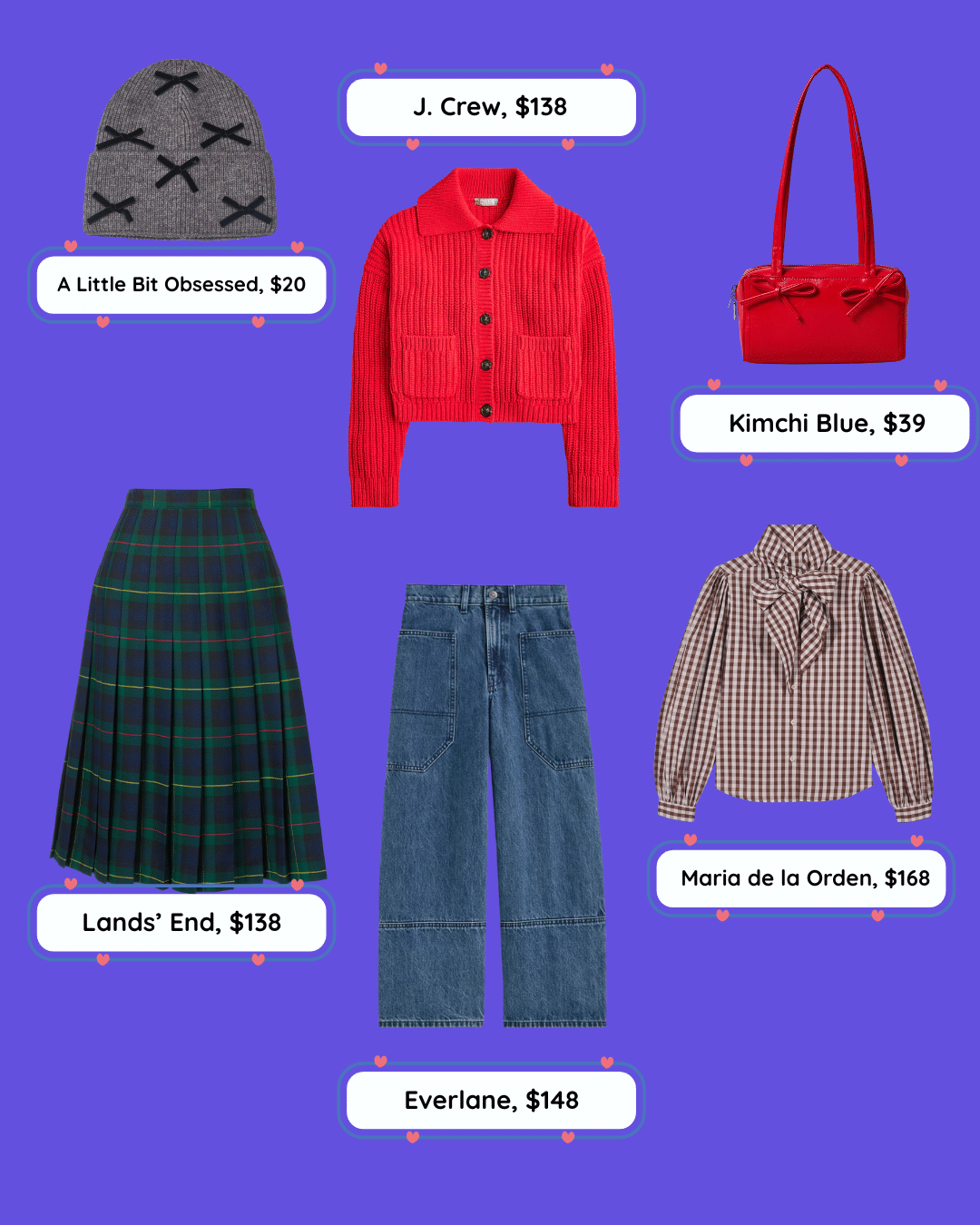 Collage of six Not Boring fashion items on a purple background: gray beanie, red cardigan, red handbag, green plaid skirt, blue wide-leg jeans, and a brown plaid blouse—each Bundled with brand names and prices.
