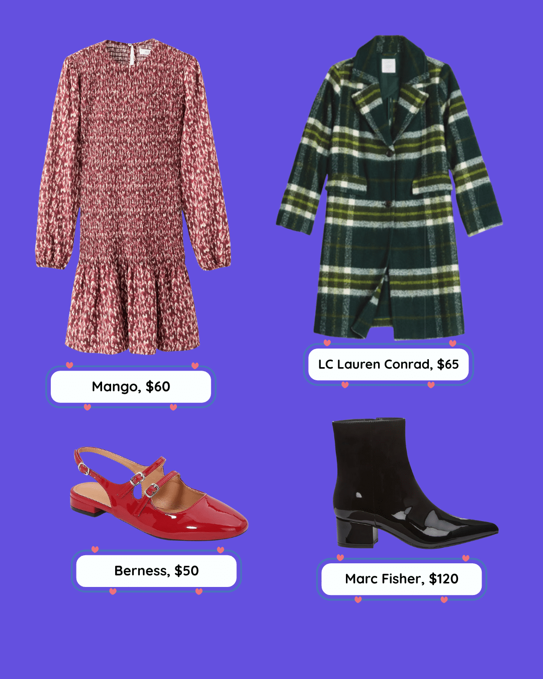 A red patterned dress, a green plaid coat, red slingback shoes, and black ankle boots are bundled on a purple background—each not boring, with brand names and prices listed below every stylish item.