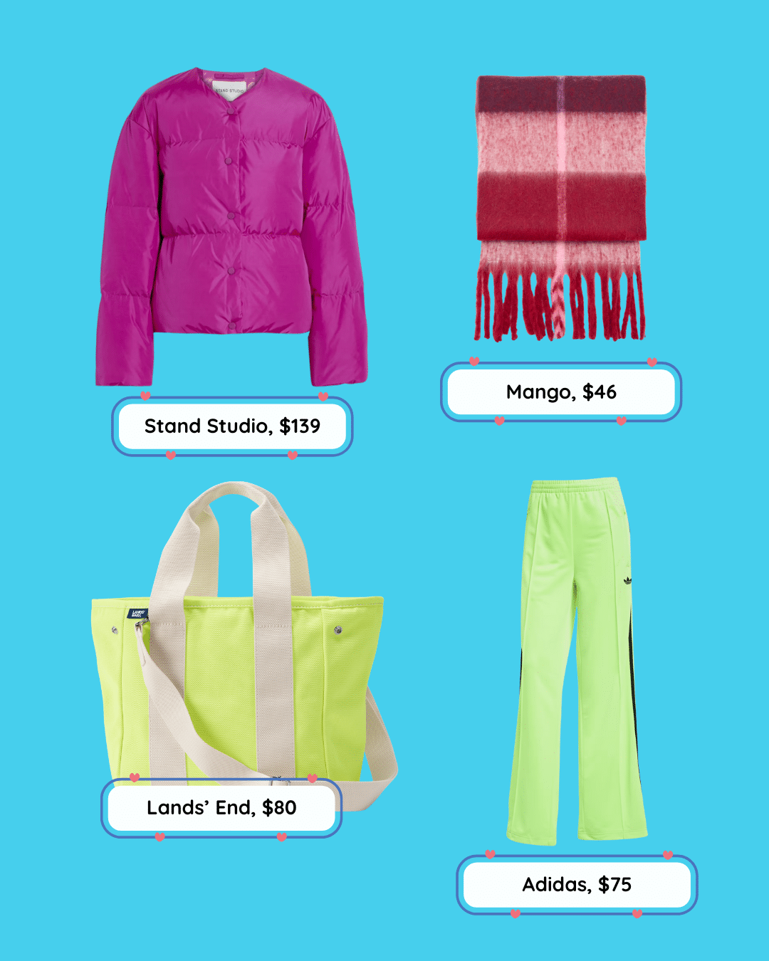 A bundled look that’s anything but boring: a magenta puffer jacket (9, Stand Studio), red and pink plaid scarf (, Mango), neon yellow tote (, Lands End), and neon green track pants (, Adidas).