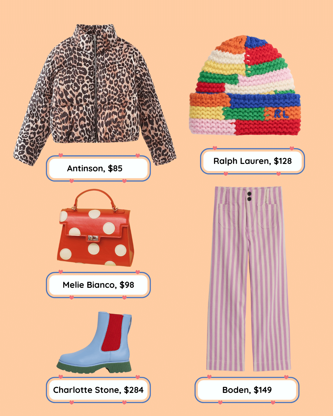 Flat lay of colorful kids clothing: a leopard print jacket, striped multicolor knit beanie, red polka-dot purse, blue boots with red/blue panels, and lavender striped pants—bundled for a not boring look! Each item has a price and brand label.