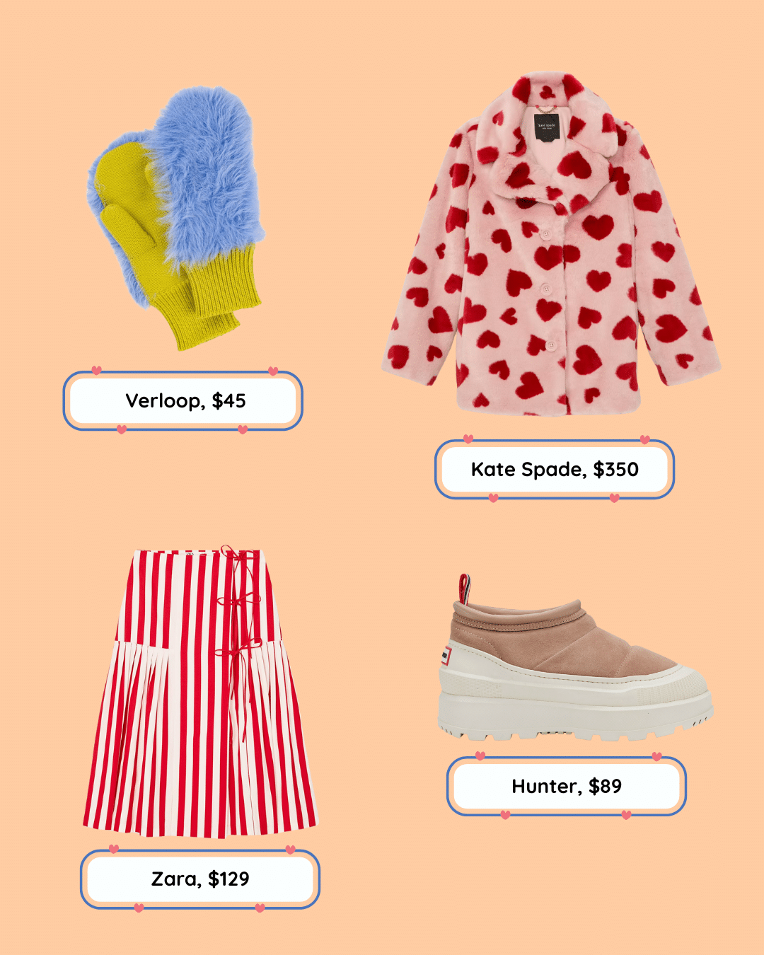 Bundled But Not Boring: Fuzzy blue and green mittens (, Verloop), pink coat with red hearts (0, Kate Spade), red and white striped skirt (9, Zara), and beige platform shoes (, Hunter).