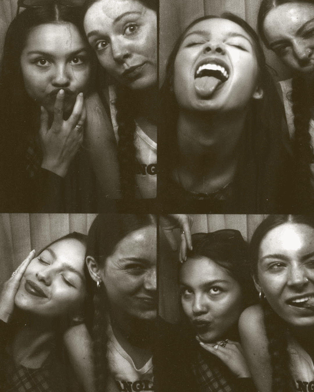 A black and white photo booth strip shows two women posing playfully in four frames—making faces, laughing, sticking out tongues, and smiling close together—capturing Friendship as one of the most joyful love languages explained in a snapshot.