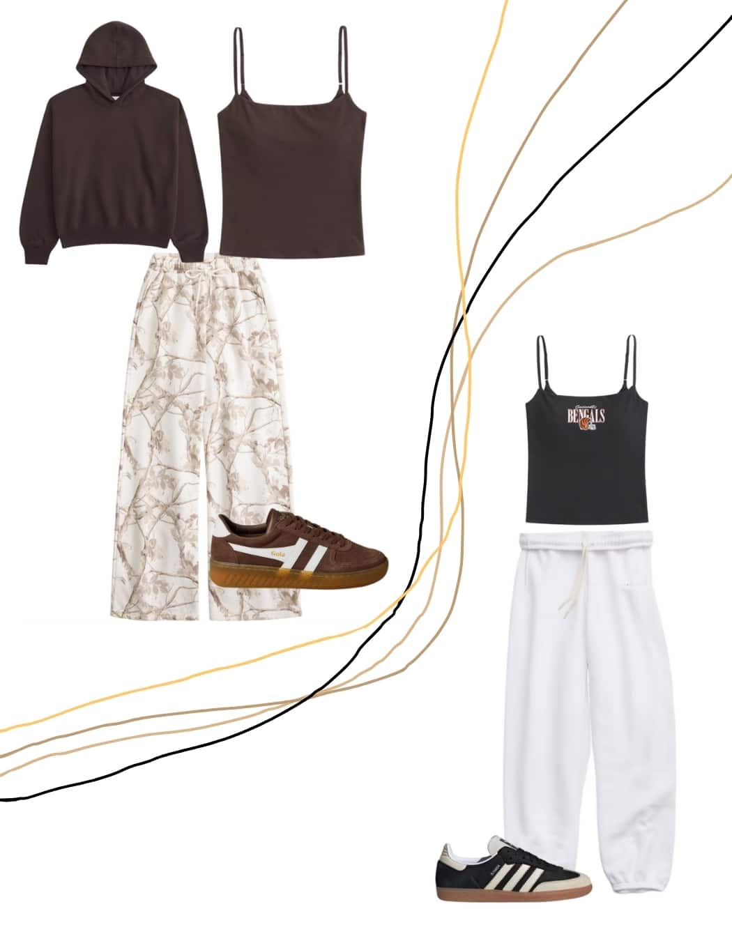 Two casual outfits: left features a brown hoodie, brown tank top, patterned white wide-leg pants, and brown Adidas sneakers; right has a black tank top, white sweatpants, and black Adidas sneakers on a white background with abstract lines.