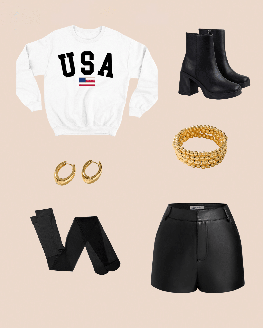 A white USA sweatshirt, black heeled boots, gold hoop earrings, a gold beaded bracelet, black tights, and black leather shorts create a chic look inspired by 90s outfit inspiration, displayed on a light beige background.