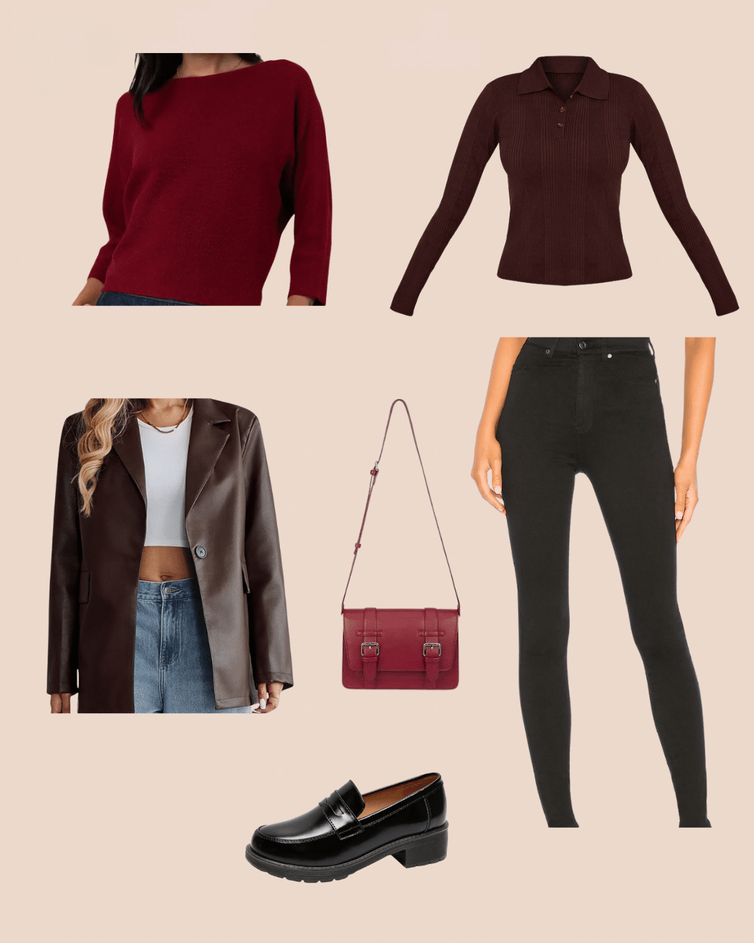 A collage of women’s fall outfits inspired by 90s TV show style: a burgundy sweater, dark brown collared sweater, brown blazer over a white crop top, high-waisted black jeans, a burgundy shoulder bag, and black loafers.