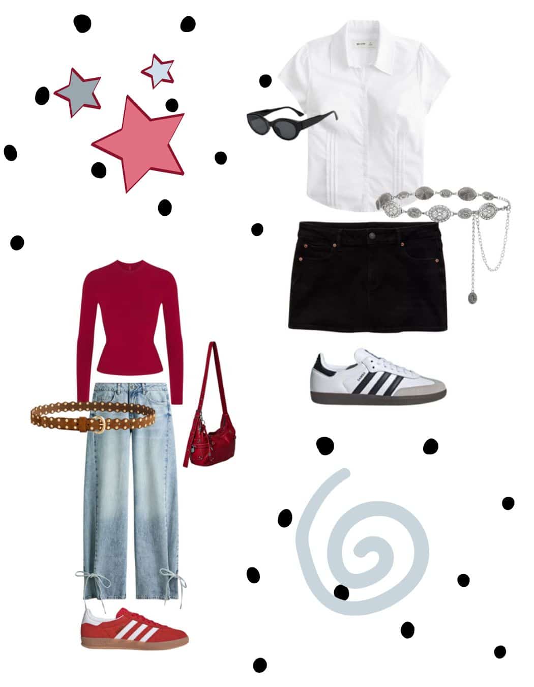 Two casual hangout outfits are displayed: one follows styling rules with a red long-sleeve top, blue wide-leg jeans, and matching accessories; the other creates the perfect outfit using a white cropped shirt, black mini skirt, and trendy sneakers.