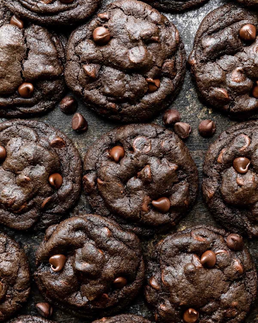 Close-up of several rich, dark chocolate cookies with chocolate chips on a dark surface. The cookies appear soft and chewy, with glossy, melted chocolate chips scattered on top and around them.