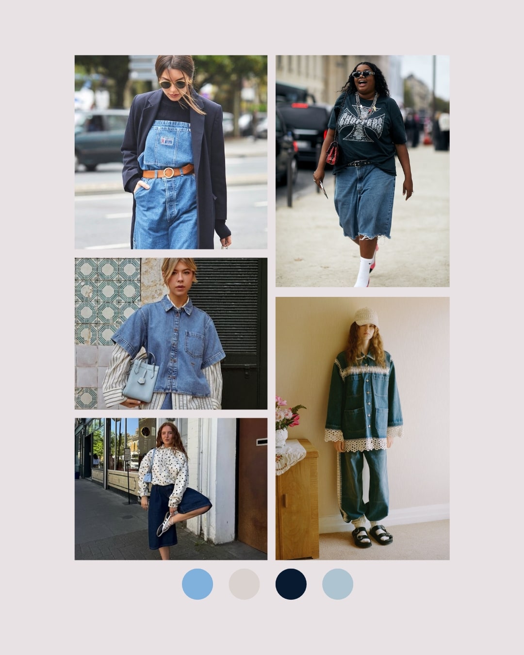Collage of five women wearing different denim outfits—skirts, dresses, jeans, and shirts—styled with chic tops and accessories. Perfect inspiration for a spring refresh to add timeless denim staples to your closet. Modern and vintage styles shine throughout.