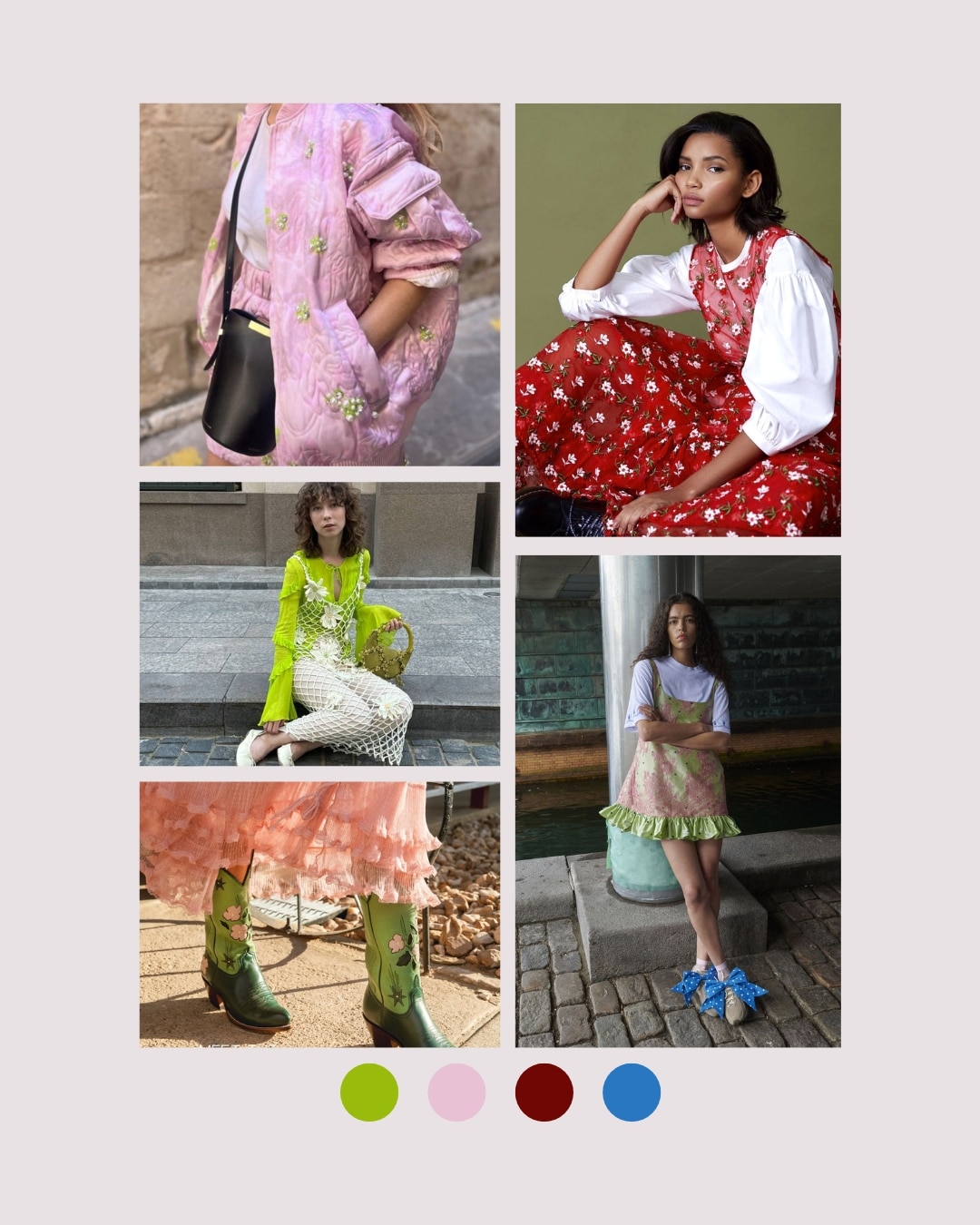 A collage of five women in colorful, eclectic outfits showcases a spring closet refresh with pink, green, red, and white clothes in vibrant patterns and textures. A row of matching color swatches appears at the bottom.