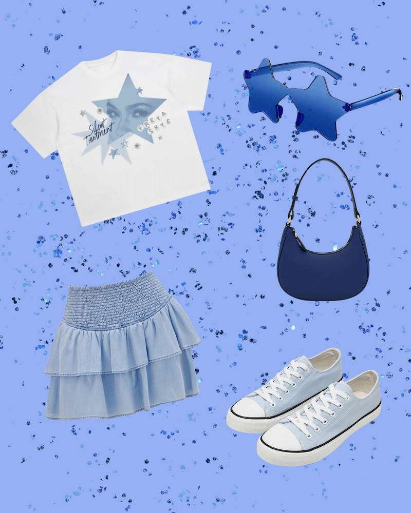 Flat lay of a white graphic t-shirt, star-shaped blue sunglasses, a dark blue handbag, a light blue tiered skirt, and light blue canvas sneakers—perfect outfit inspo for channeling Freya Skye’s style on her Stars Align tour.