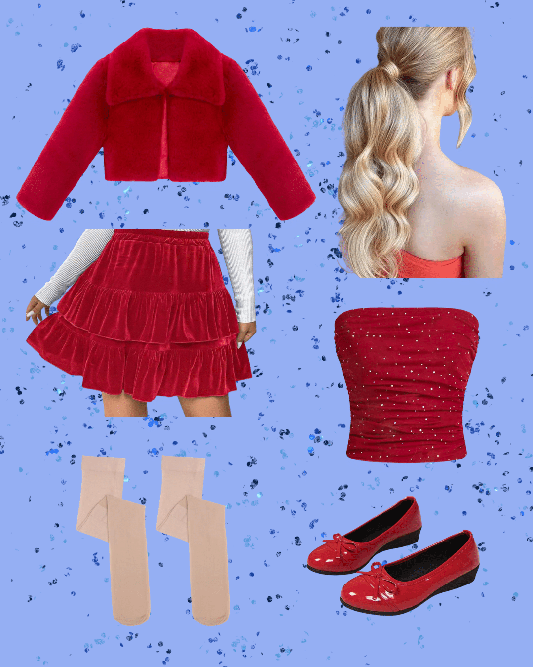 A collage shows Freya Skye’s red faux fur jacket, a woman’s blonde ponytail, a red tiered skirt, a red sparkly strapless top, nude tights, and red ballet flats—her vibrant Tour Outfit—set against a blue speckled background.