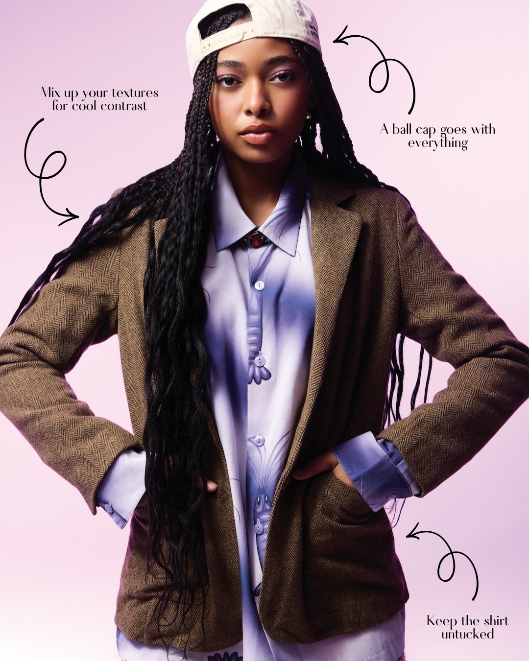 A young woman wears a brown blazer over a lavender shirt with the tails untucked and a backward beige baseball cap. Handwritten style notes highlight texture contrast, spring fashion versatility, and keeping the shirt untucked.