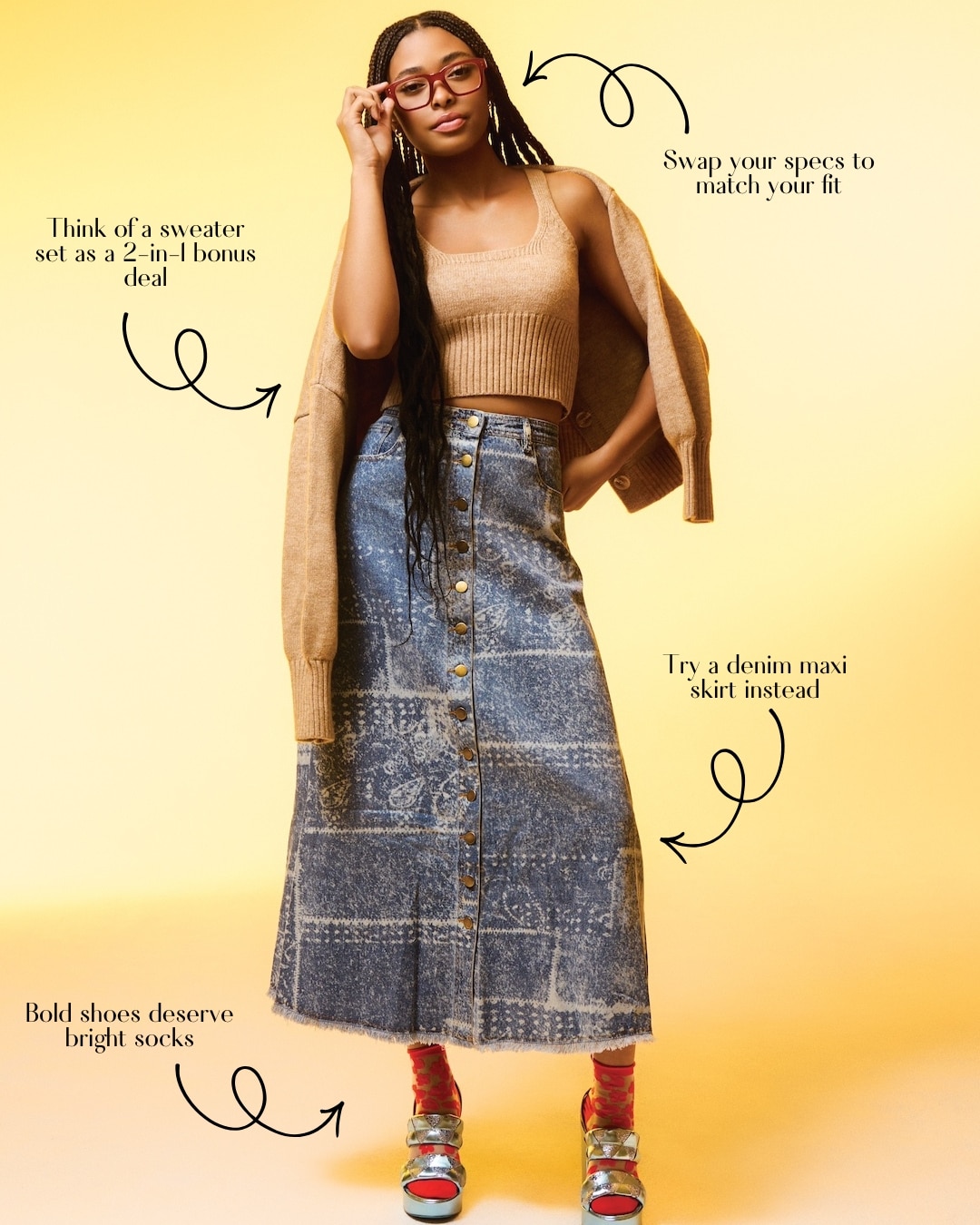 A woman poses against a yellow background wearing a tan sweater set, patchwork denim maxi skirt, and platform sandals with bright red socks. Arrows with playful fonts offer spring fashion tips, making this the perfect spring fit style guide.