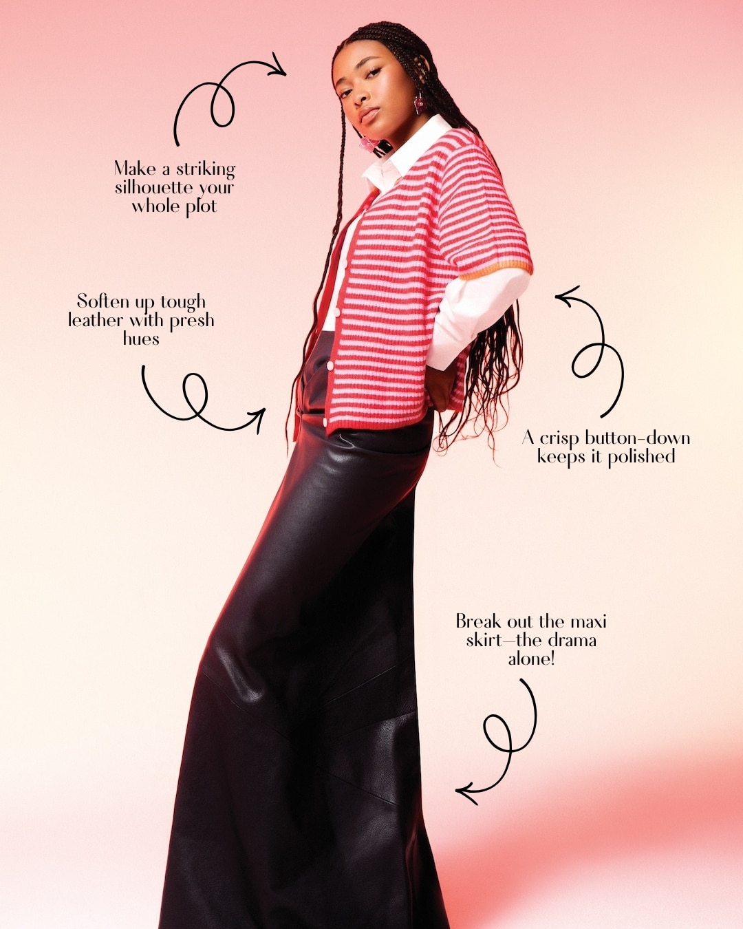 A woman poses confidently in a red-and-white striped sweater over a white button-down and a long black leather maxi skirt—a guide to achieving the perfect spring outfit, with fashion tips and arrows highlighting her stylish spring fit. Pink gradient background.