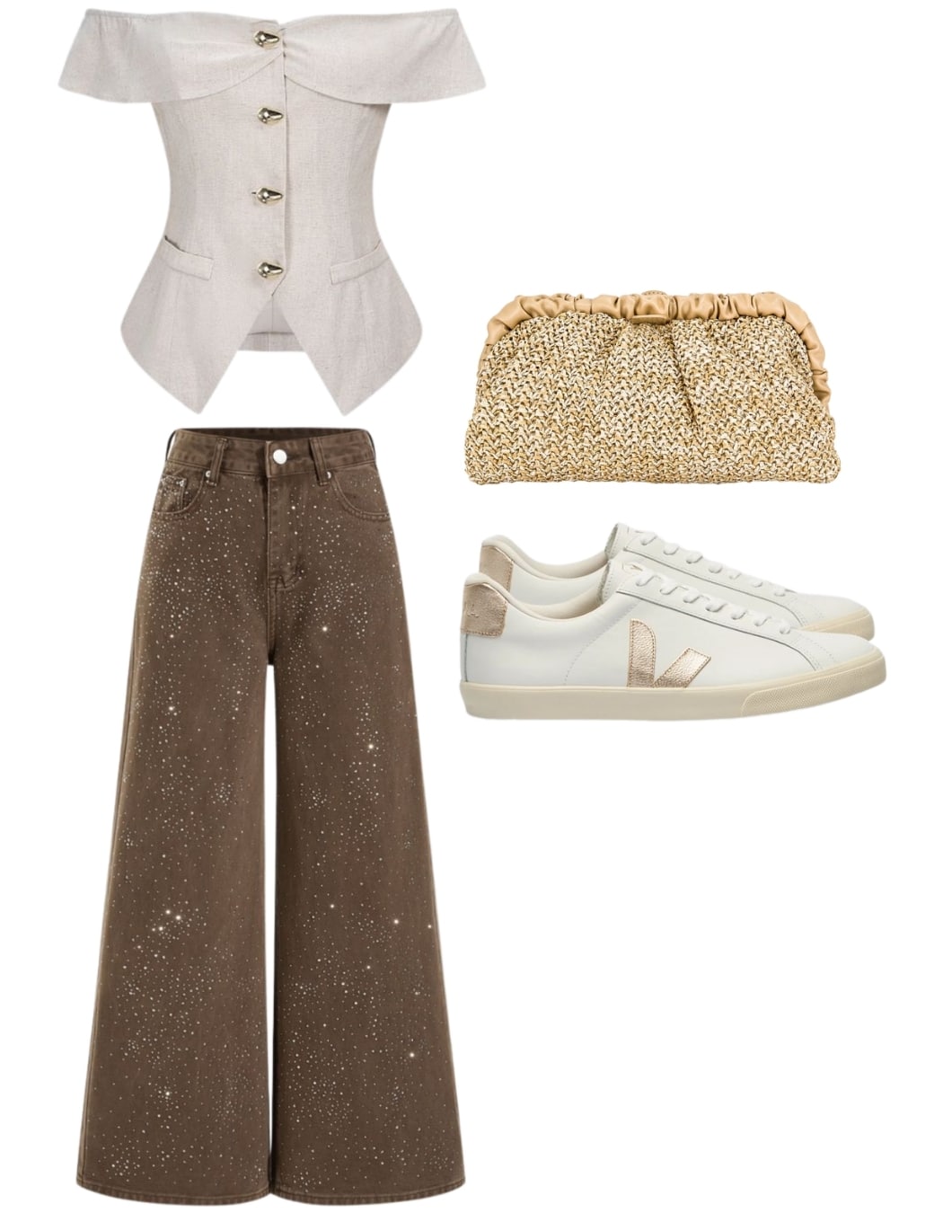 A stylish hangout outfit featuring an off-the-shoulder white buttoned top, wide-leg brown pants with sparkles, white sneakers with beige accents, and a woven beige clutch bag—perfect for those who love effortless styling rules.