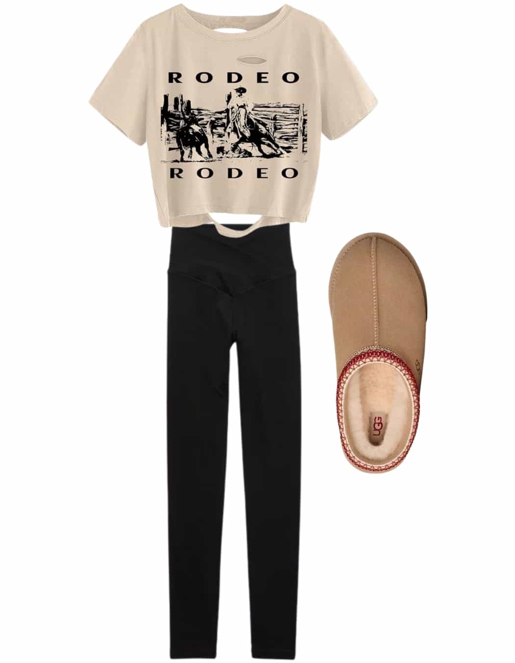 Flat lay hangout outfit featuring a beige cropped Rodeo graphic T-shirt, high-waisted black leggings, and a tan slipper with red trim—perfect styling tips for creating the perfect outfit.