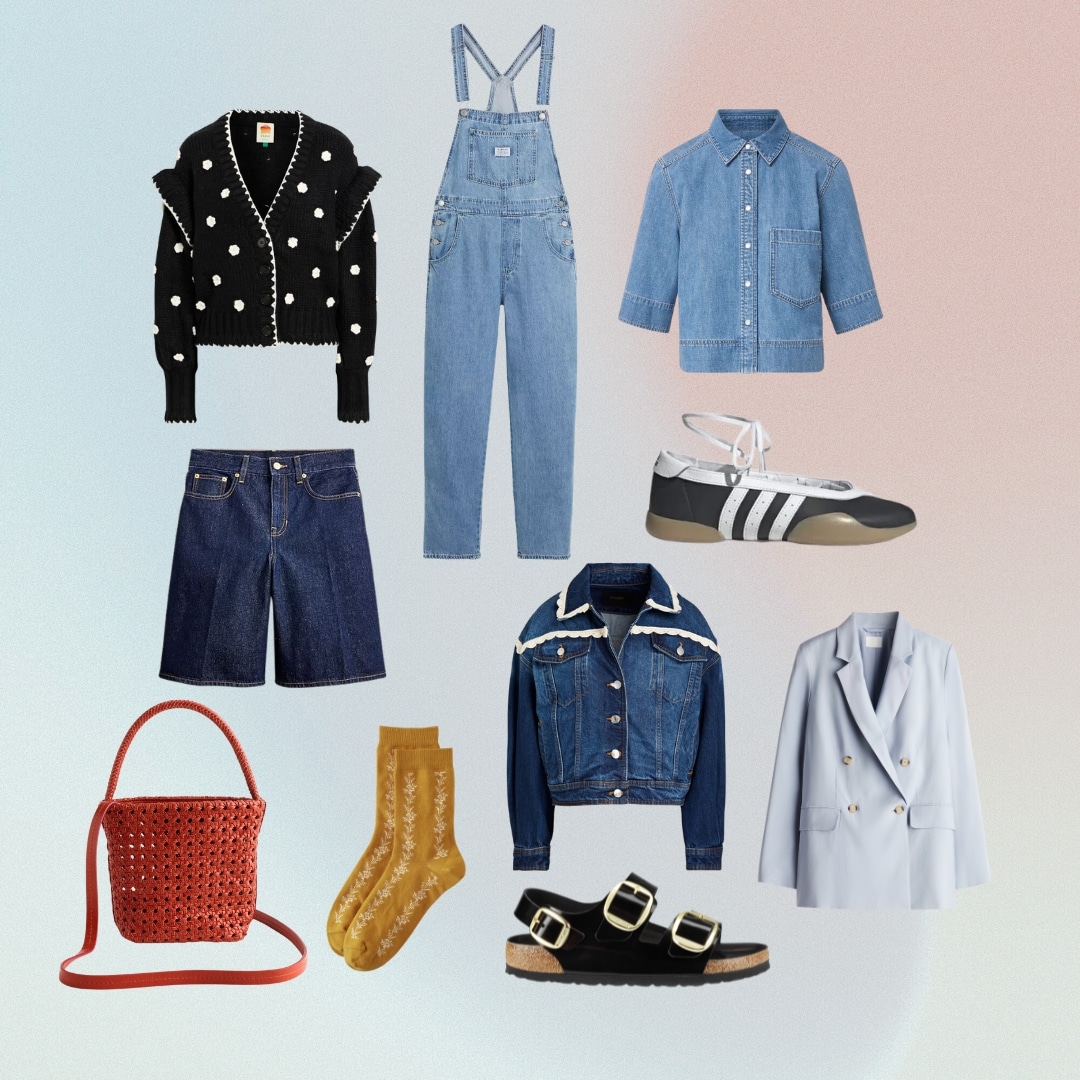 A collage of various clothing items and accessories perfect for a spring closet refresh, including a black cardigan with white pom-poms, denim overalls, navy shorts, Adidas sneakers, a red woven bag, yellow patterned socks, and a light blue blazer.