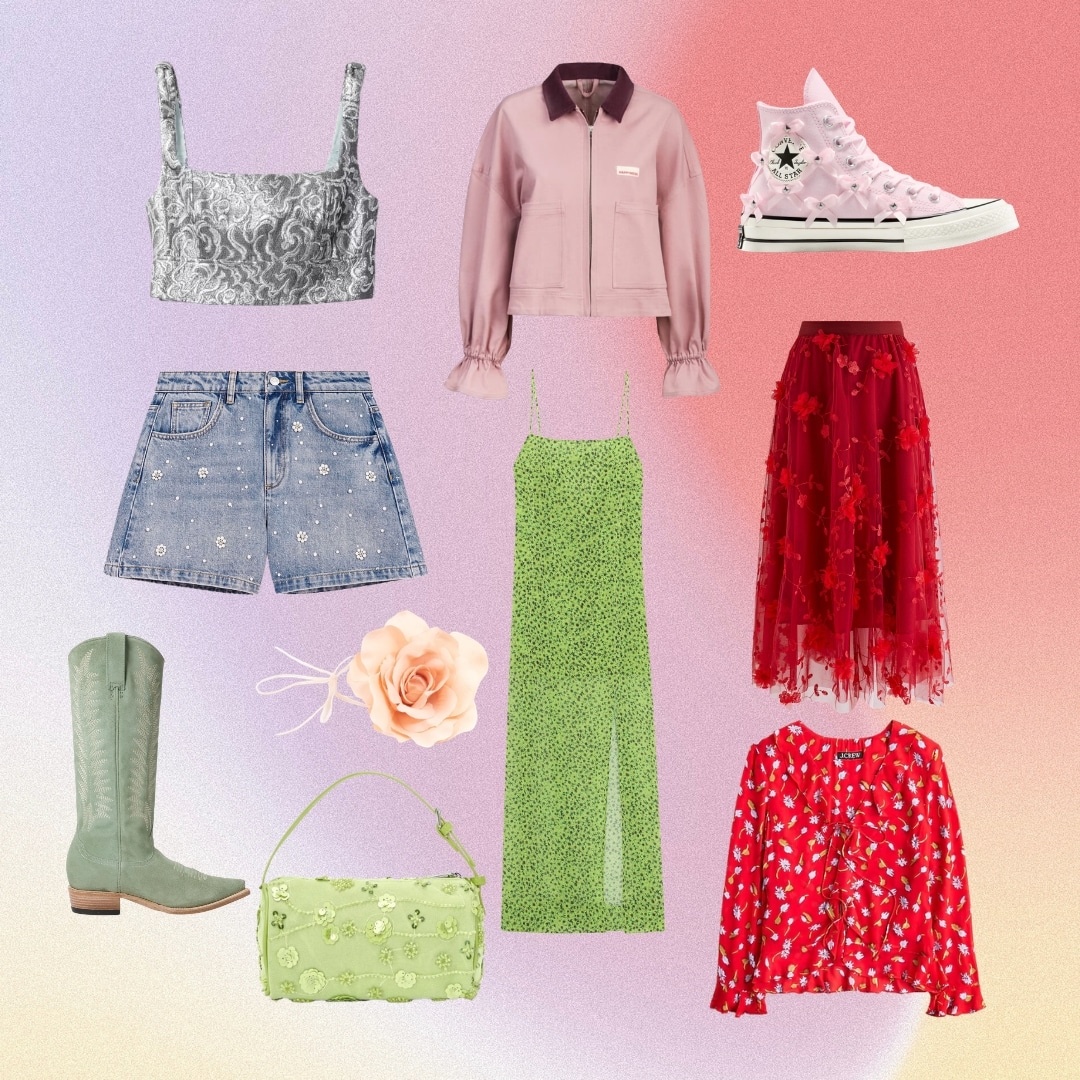 A collage for a spring closet refresh on a pastel gradient background, featuring a silver crop top, denim shorts, sage green boots, pink flower, pink jacket, green dress and bag, pink high-top sneakers, red tulle skirt, and red floral blouse.