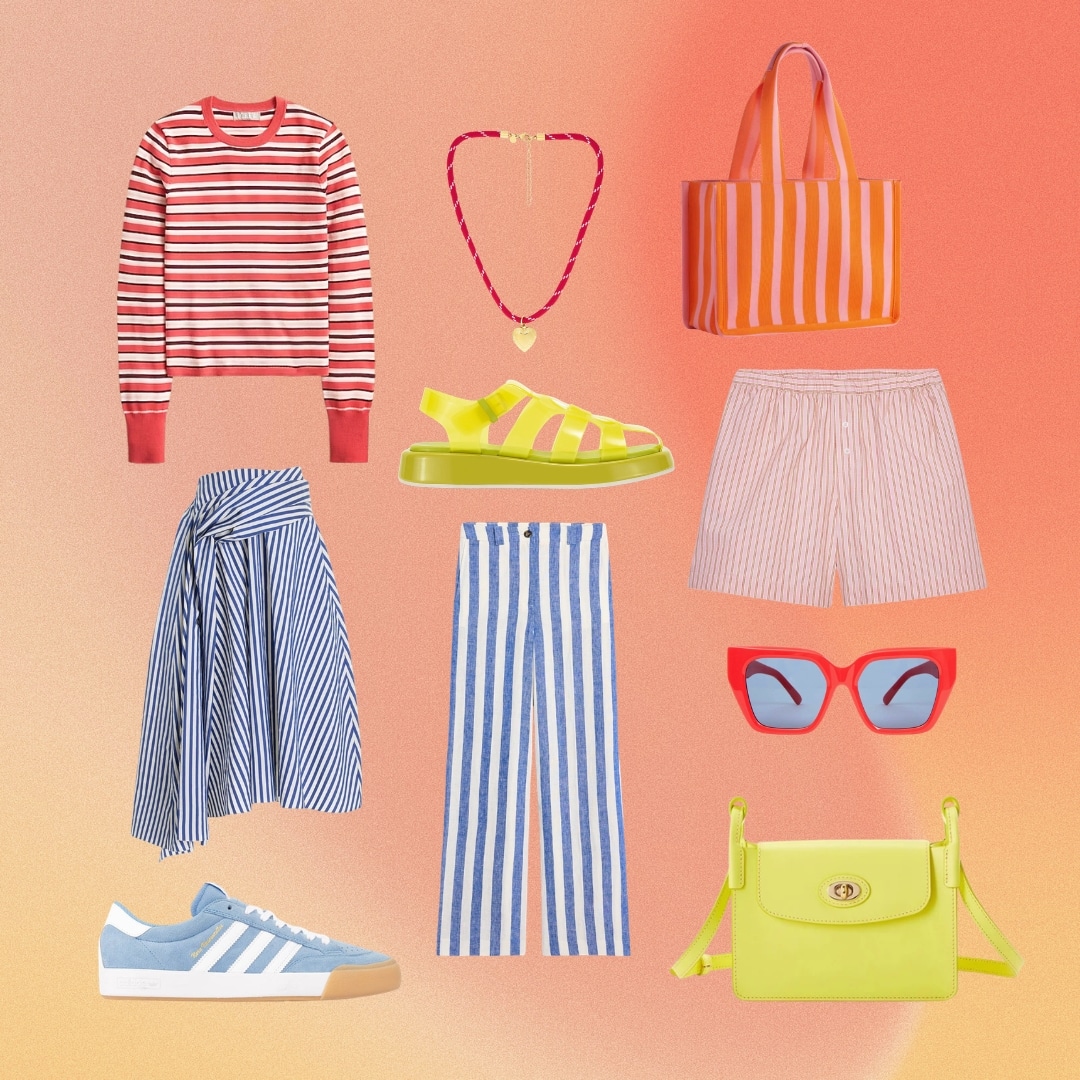 A flat lay of colorful summer fashion items on a gradient background—perfect for a closet spring refresh—with striped tops, shorts, pants, and skirt, sandals, sneakers, sunglasses, two handbags, and a necklace with a heart charm.