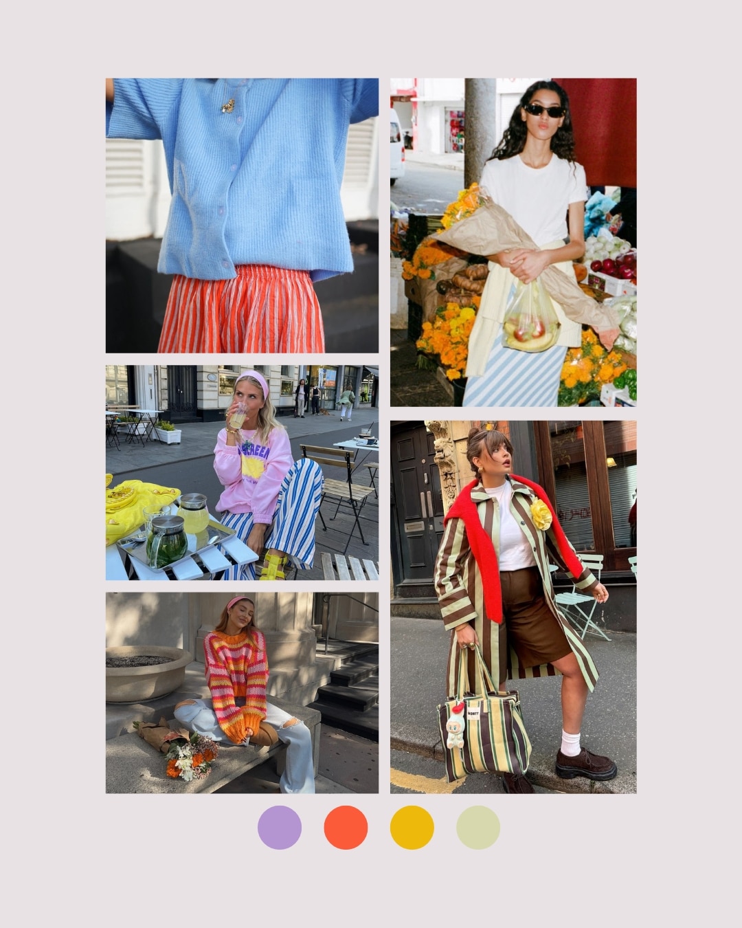 A collage of six photos featuring women in colorful, stylish outfits—perfect for a spring closet refresh—including knits, stripes, and patterns. Accessories like sunglasses, bags, and flowers pop against urban outdoor settings. Four color swatches are below the images.