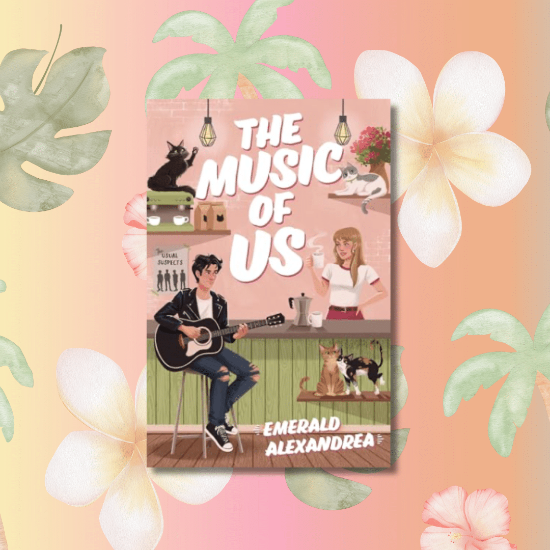 A book cover for The Music of Us by Emerald Alexandrea features a man playing guitar and a woman holding a coffee cup in a cozy cafe with several cats, set against a pastel floral background.