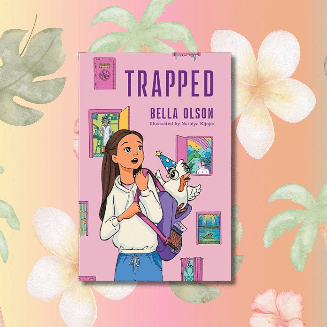 Book cover for Trapped by Bella Olson, showing a smiling girl with a backpack and a small, white, unicorn-like creature wearing a party hat, set against a pastel floral background.