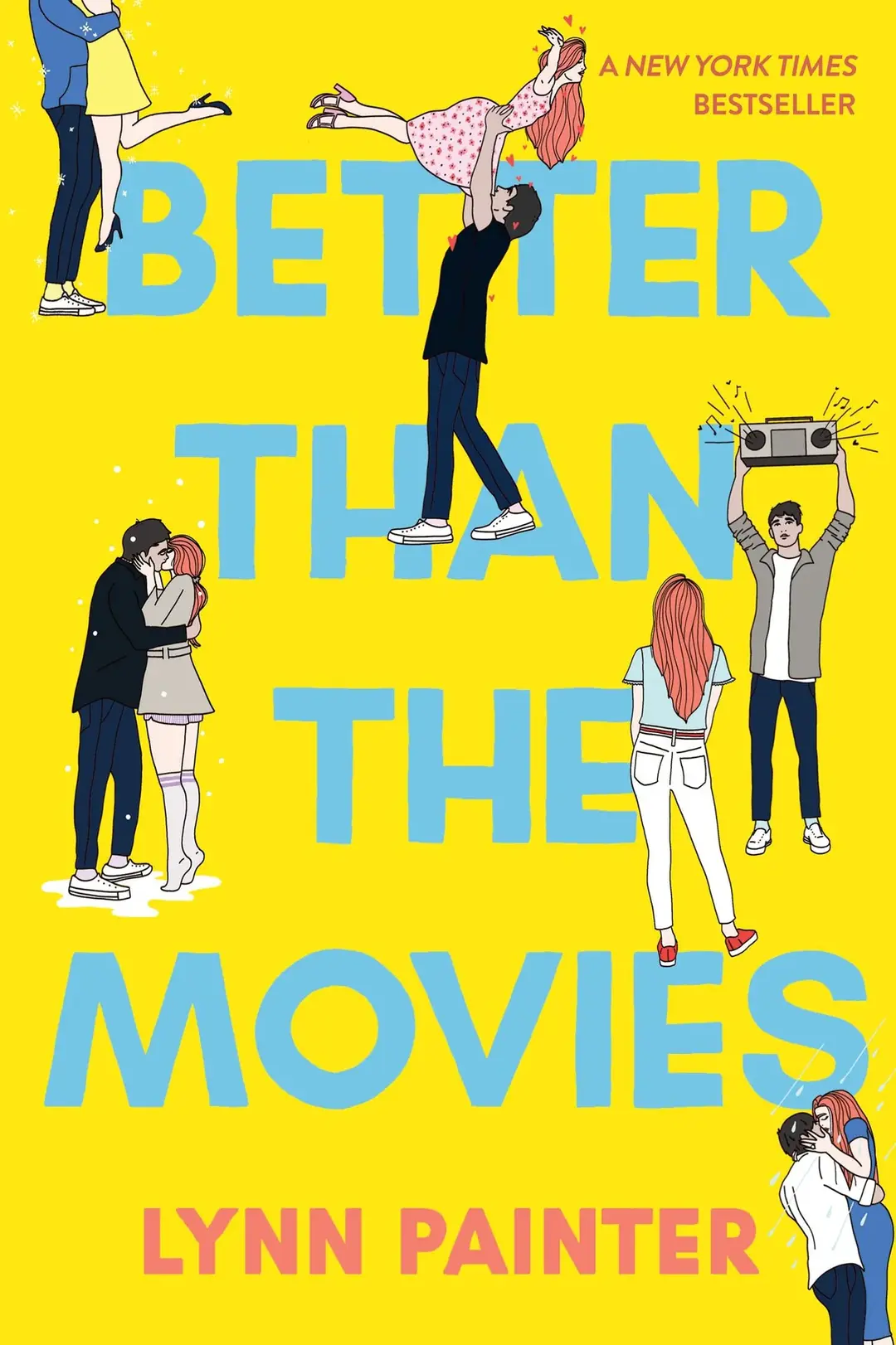 Book cover of Better Than the Movies by Lynn Painter, perfect for your reading list or TBR, featuring illustrated couples hugging or kissing and a girl holding a boombox while looking at a boy, with a bright yellow background and bold blue text.