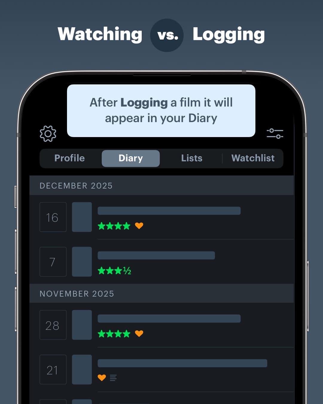 A smartphone screen shows a film diary app with dates, star ratings, and hearts. Text above reads “Watching vs. Logging.” A message says, “After Logging a film it will appear in your Diary”—perfect for any film girlie looking for a Letterboxd alternative to download.