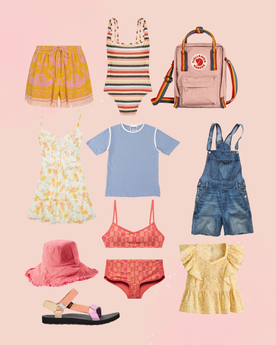 A collection of colorful summer wardrobe essentials—shorts, swimsuits, dresses, a blue t-shirt, denim overalls, a pink backpack, sun hat, sandals, and a ruffled yellow top—displayed on a peach background for the booked & busy trendsetter.