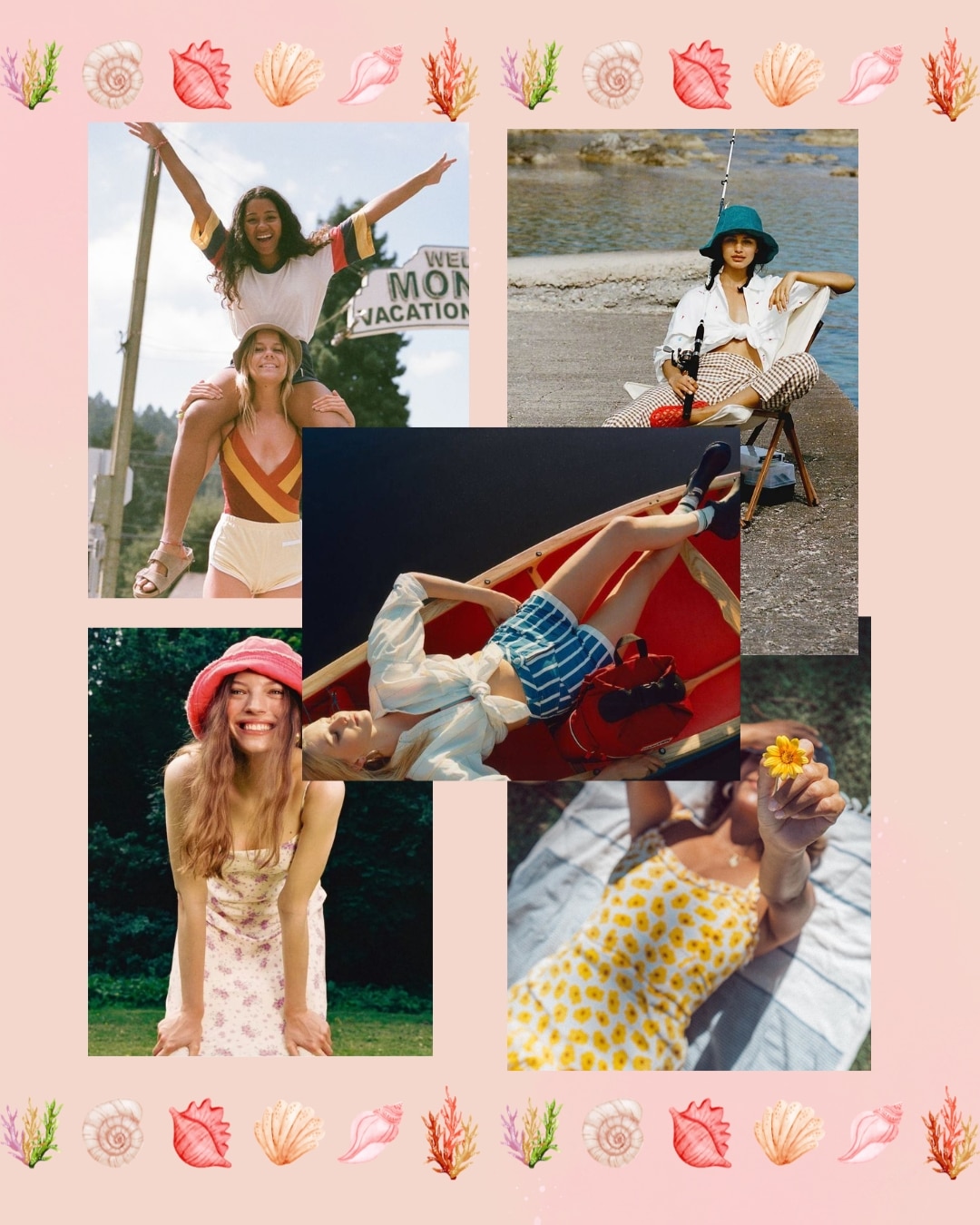 A collage of women enjoying summer activities in their stylish summer wardrobe—posing outdoors, fishing, relaxing in a canoe, and holding a flower. The pink background features a border of illustrated seashells and sea plants.