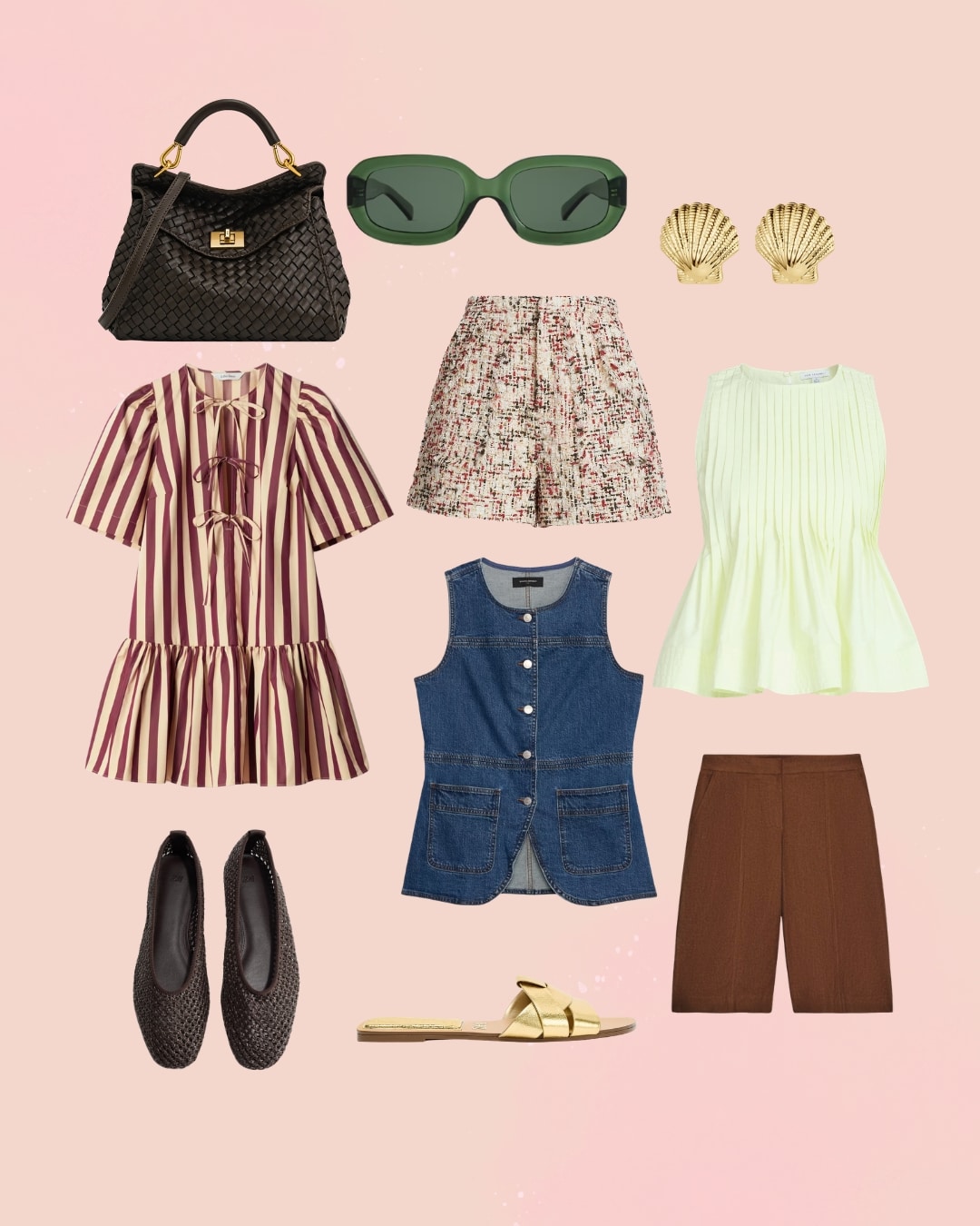 A flat lay of women's summer wardrobe essentials for the booked & busy, featuring a black woven handbag, green sunglasses, gold shell earrings, striped dress, printed shorts, pleated top, denim vest, brown shorts, black flats, and gold sandals.