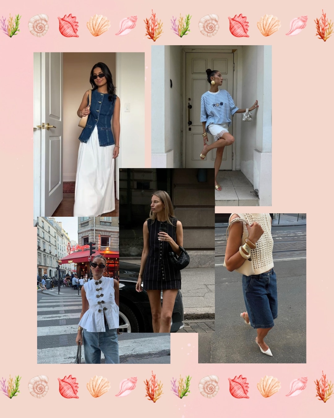 A collage of five women posing in stylish summer outfits, showcasing their summer wardrobe with dresses, denim, and knits, set against a pink background with a border of colorful seashell illustrations.