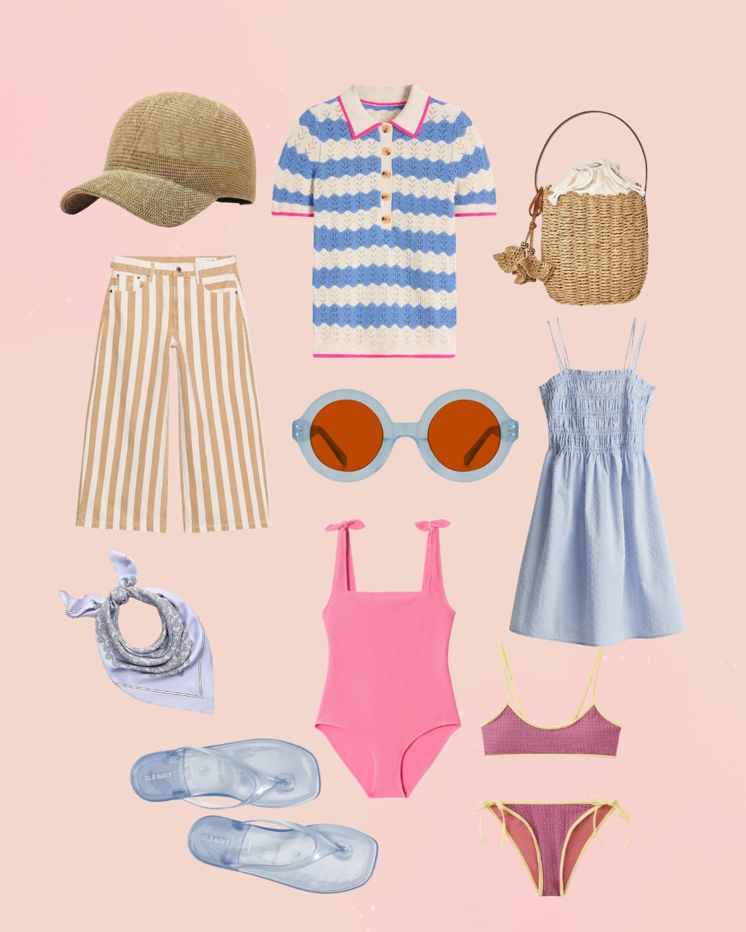 Flat lay of a summer wardrobe on a pink background, featuring a cap, striped pants, knit top, woven bag, round sunglasses, blue dress, scarf, pink swimsuit, mauve bikini, and blue sandals—essentials for the booked and busy.